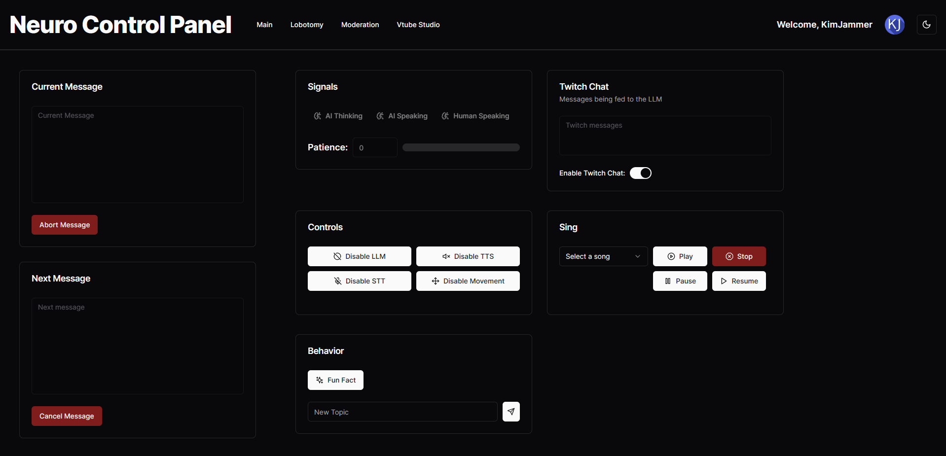 A website in dark mode with various panels and buttons to control the AI vtuber.