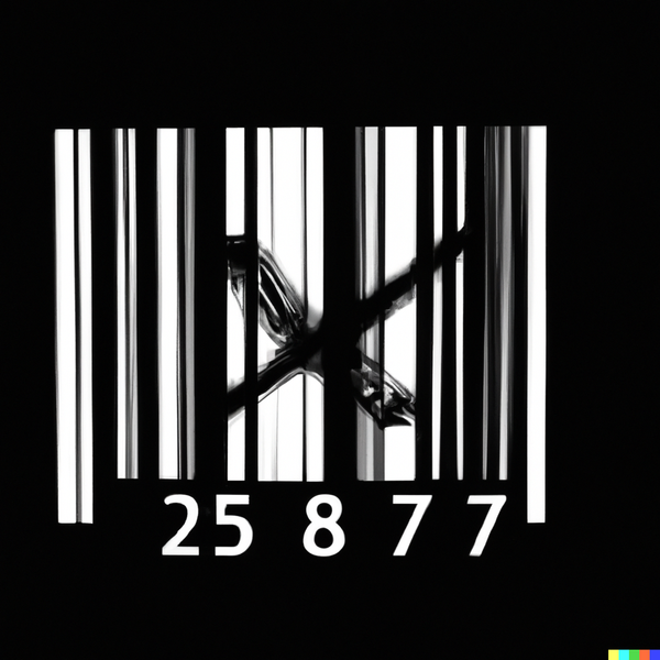 An AI generated image of a small barcode with a black X in the middle.